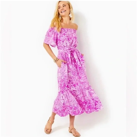 NWT Lilly Pulitzer Maxi Dress Off The Shoulder Women’s Large Hot Pink White - Picture 1 of 5